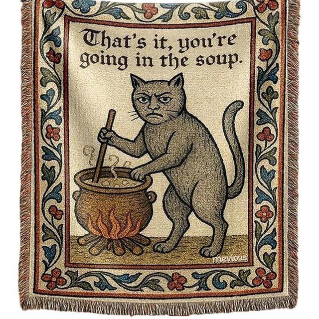 mevious Weird Medieval Cat Woven Tapestry, Vintage Cat Themed Woven Sofa Blanket, Wall Hanging Art Handicrafts, Soft and Cozy Multipurpose Blanket, With Fringe Tassels, Home Decor for Cats Lovers