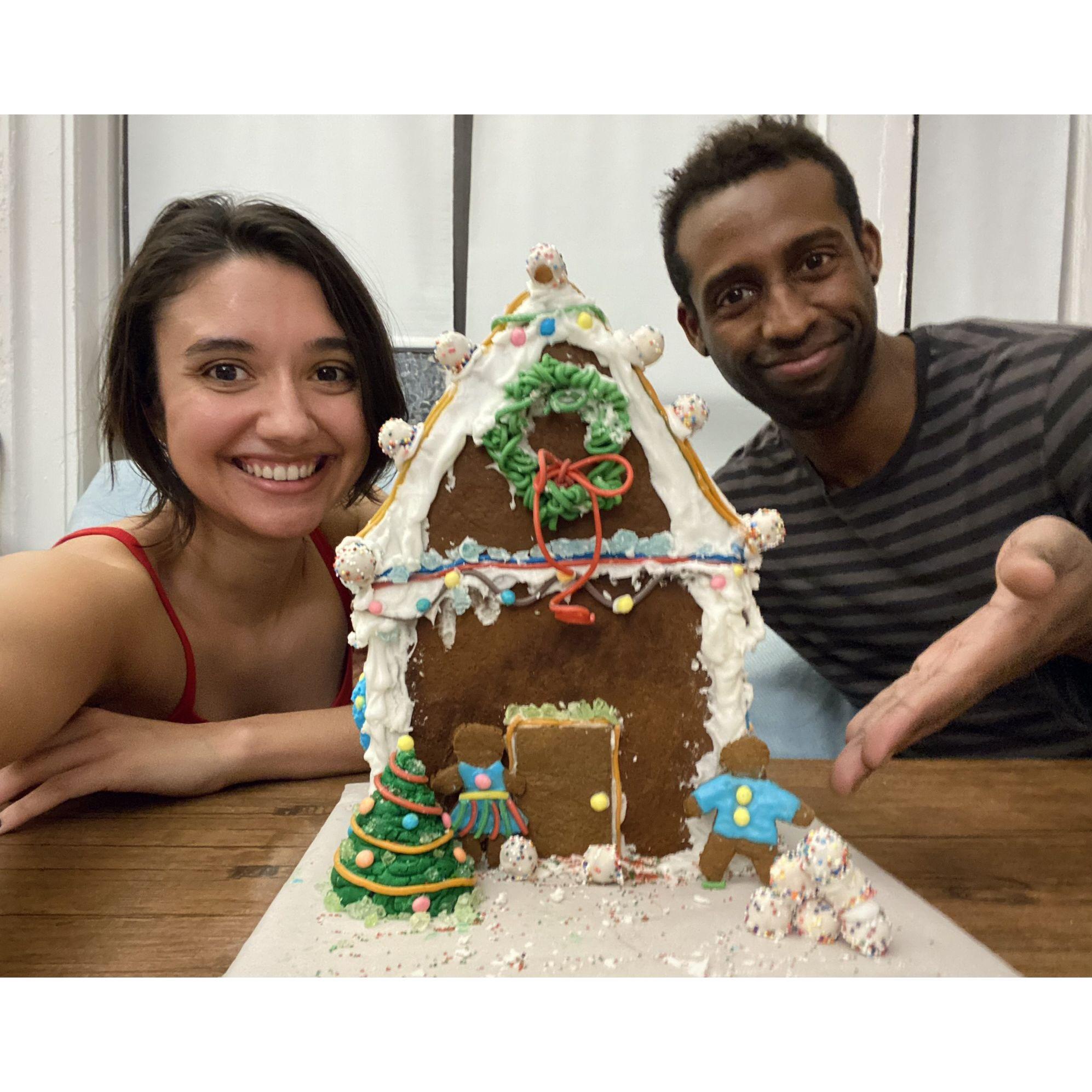 We built this gingerbread house from scratch in December 2020. We rolled out the dough right there on that tiny coffee table!