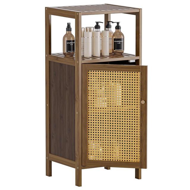 HITNET Rattan Bathroom Floor Cabinet, Bamboo Storage Cupboard with Single Door, Freestanding Small Living Room Sideboard, Space Saving Entryway Storage Unit, Walnut