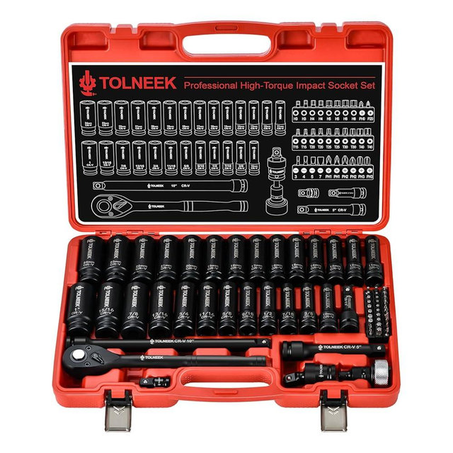 Tolneek 35-Piece 1/2" Drive Impact Socket Set, SAE (3/8 to 1 inch) and Metric (10-24mm) Socket Wrench Set with Extension Bars, Palm Ratchet Kit, CR-V Steel for Auto/Industrial Repairs