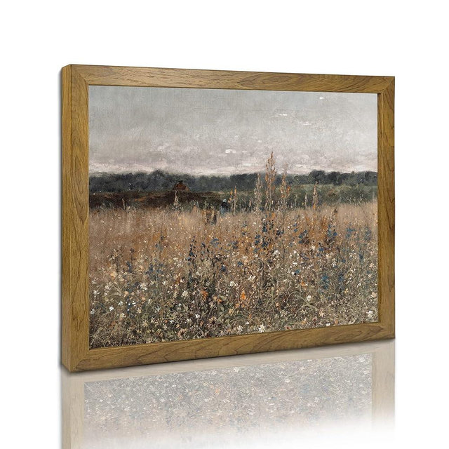 Wildflower Field Landscape Picture - Vintage Landscape Art Print, Country Field Wall Art - Framed Canvas Prints Wall Art Home Decor， Vintage Landscape Art Print Farmhouse Painting