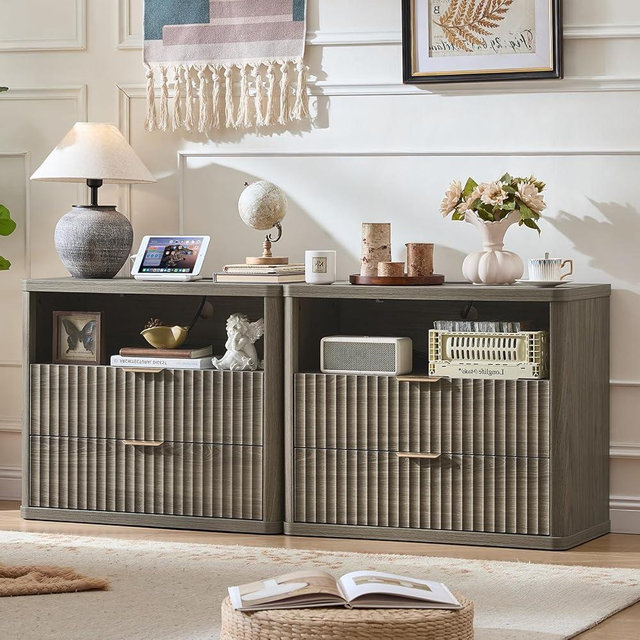 LEYAOYAO 31" Wide Fluted Night Stand Set of 2 with Charging Station, Oversized Extra Large 2 Drawers Nightstand,Grey Wood Bedside Table,Tall End Tables,Modern Chest of Drawers Dressers for Bedroom