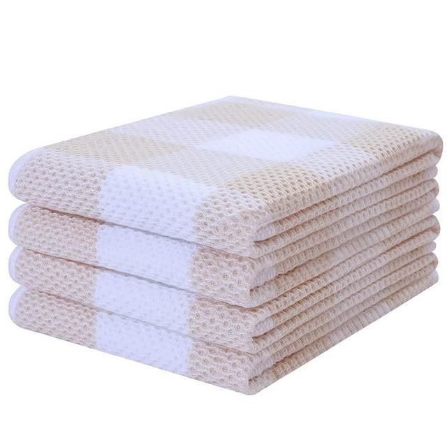 Mordimy 100% Cotton Waffle Weave Check Plaid Kitchen Towels, 13 x 28 Inches, Super Soft and Absorbent Dish Towels for Drying Dishes, 4-Pack, Beige & White