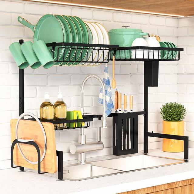 Kitsure Over The Sink Dish Drying Rack - 23.6" to 35"x21.2", Adjustable Sink Drying Rack for Kitchen Sink with Large Capacity, 2-Tier Dish Rack Over Sink with Multifunctional Baskets,Black