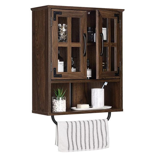 Rustown Wood Wall Storage Cabinet with Cross Glass Doors, Farmhouse Wall Mounted Cabinet, 3 Tier Rustic Bathroom Cabinet with Adjustable Shelves and Towel Bar for Bathroom, Living Room, Dark Walnut