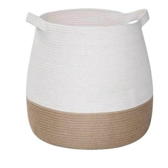 BSMstone Large Cotton Rope Basket 17.7"x 15.7"x13.8" Woven Baby Laundry Blanket Basket Toy Basket with Handle Storage Baskets for Comforter, Cushions, Quilt, Toy Bins (White + Camel)