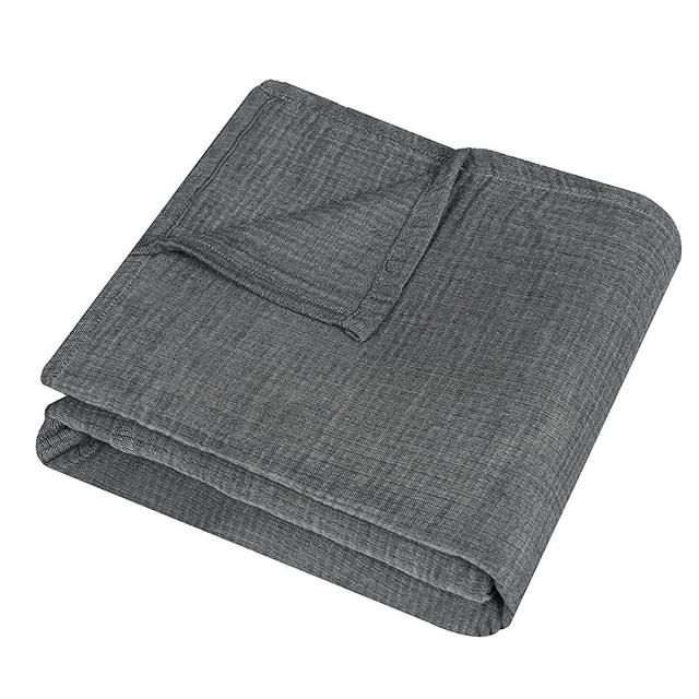 PHF 100% Cotton Muslin Throw 50" x 60", Yarn Dyed 3 Layers Ultra Soft Lightweight Breathable Blanket for Adults and Kids, Perfect Blanket Layer for Couch Bed Sofa, Elegant Home Decoration Black Grey