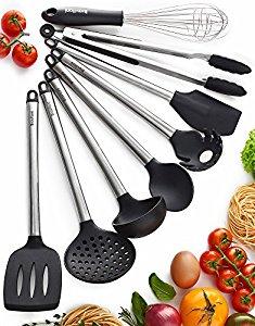 Kitchen Utensils - 8 Piece Cooking Utensils - Nonstick Utensil Set - Silicone and Stainless Steel Kit - For Pots and Pans - Serving Tongs, Spoon, Spatula Tools, Pasta Server, Ladle, Strainer, Whisk
