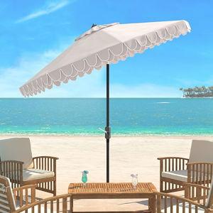 SAFAVIEH 9ft Outdoor Patio Umbrella, Round, Valance, Beige & White Trim, Auto Crank Tilt, UV Resistant for Deck, Backyard, Poolside (PAT8006C)