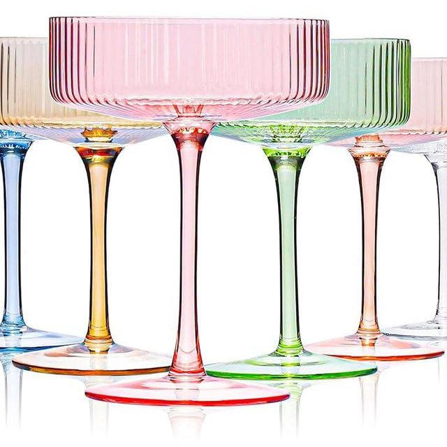 Vintage Colored coupe glasses 9 oz Art Deco Coupe Glasses Set of 6,Ribbed Martini Cocktail Glasses|Vintage Cocktail Glasses Set,Unique coupe cocktail glasses,Classic Cocktail Galssware