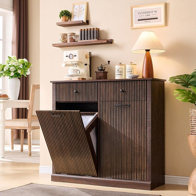 IFGET Modern Double Tilt-Out Trash Cabinet, 20 Gallon Fluted Laundry Hamper Cabinet with 2 Drawers, Wooden Hidden Garbage Can Cabinet w/Storage Basket,Free Standing for Kitchen & Living Room, Brown