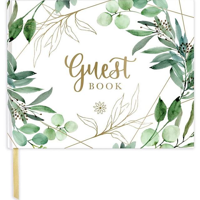 bloom daily planners Wedding Guest Book (120 Pages) Guest Sign-in Book Guest Registry Guestbook - White Cover with Gold Foil, Gilded Edges and Gold Page Marker Hardbound 7" x 9" (Eucalyptus)