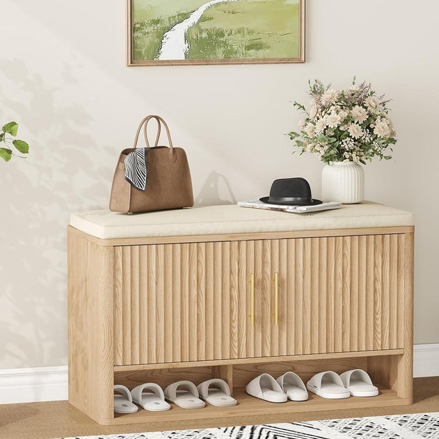Zeibospri Fluted Shoe Storage Bench with Cushion, Entryway Bench with Adjustable Shelves and Open Bottom Shelf, Hidden Shoe Cabinet Storage for Entryway, Hallway, Living Room, Bedroom, Natural Oak