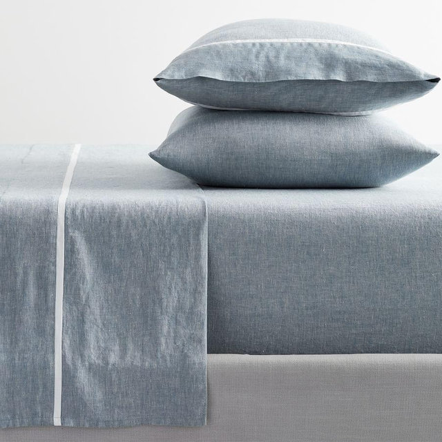 Chambray/White Belgian Linen Contrast Flange Sheet Set, Queen