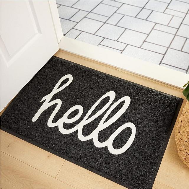 Gorilla Grip Dirt Grabber Hello Mesh Doormat, Waterproof All Weather Welcome Mat, Low Profile Entryway Mats for Home, Indoor Outdoor Front Entrance and Back Sliding Door, Washable, 30x17, Black/White