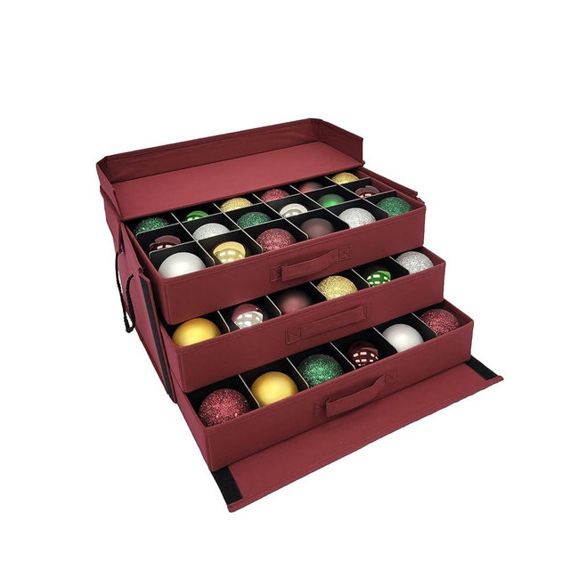612 Vermont Christmas Ornament Storage Box with 3 Trays, Adjustable Acid-Free Dividers, Holds 72-3 Inch Ornaments