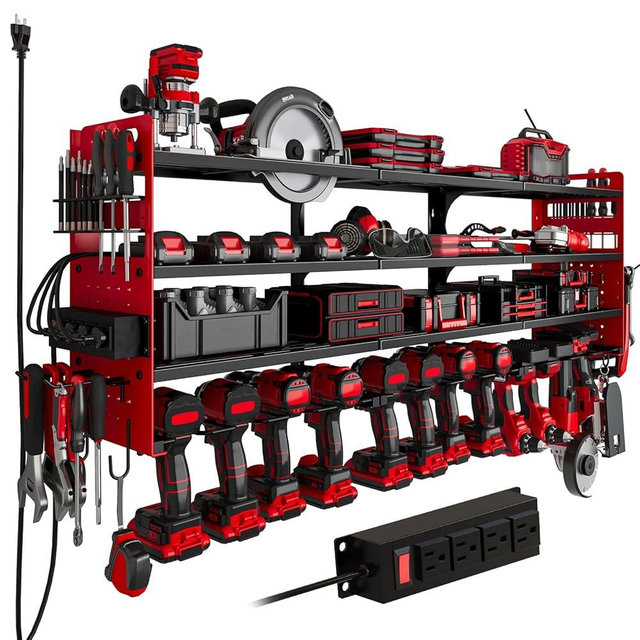 Power Tool Organizer Wall Mount, 4-Tier Cordless Tool Organizer with 4-Socket Power Strip, Drill Holder with 12 Slots for Hanging Tools, Side Pegboard for Storage, Screwdriver Holder Included Red