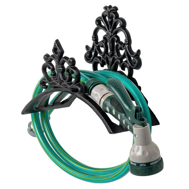MyGift Wall Mounted Garden Hose Holder, Decorative Vintage French Floral Scrollwork hose Reel Hanger, Black Cast Iron Water Hose Storage Rack