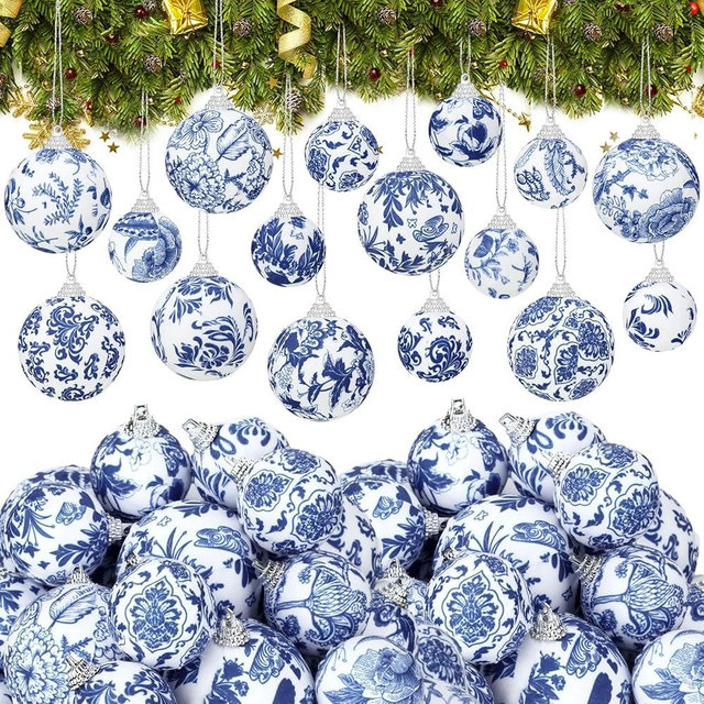 Liliful 32 Pcs White and Blue Christmas Chinoiserie Ornaments Ball Fabric Wrapped Hanging Christmas Ball Decorative Tree Ornaments for Xmas Party Supplies (1.57inch,2.36 Inch)