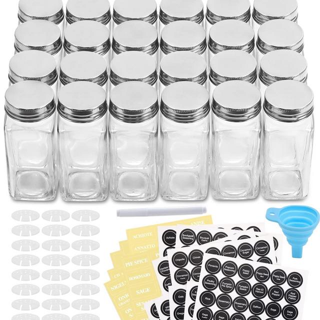 Aozita 24 Pcs Glass Spice Jars/Bottles - 4oz Empty Square Spice Containers with Spice Labels - Shaker Lids and Airtight Metal Caps - Silicone Collapsible Funnel Included
