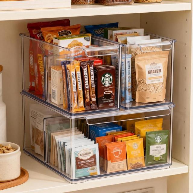 HOMETUK Clear Plastic Storage Bins with Dividers for Kitchen Pantry Organization, 3 Pack Thicken Stackable Storage Drawer Boxes for Refrigerator Cabinets Vanity Organizers and Storage, C6-1