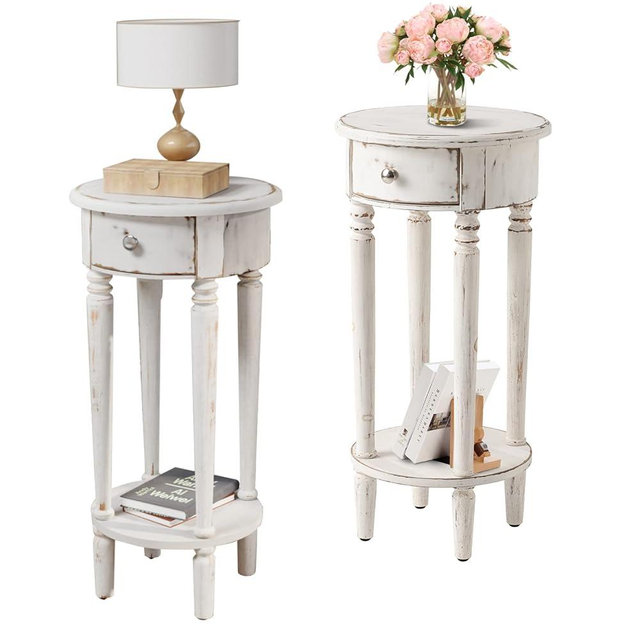 COSIEST Tall End Table with Drawer Sets of 2, Round Nightstand Bedside Table with Storage Shelf, Industrial Telephone End Table for Living Room, Bedroom, Hall Way, Space Saving