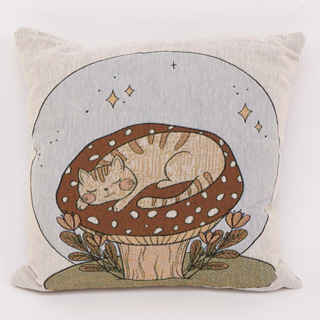 Sleepy Cat Woven Throw Pillow | Cozy Cat & Mushroom Decorative Throw Pillow | Cute Gift for Cat Lovers | Soft Premium Texture
