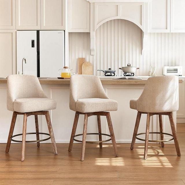 Mid Century Modern Counter Height bar stools Set of 3，360° Swivel barstools with Solid Wood Legs，26'' Island Chairs with Wrap-Around Backrest，Sand Linen Comfort Fabric