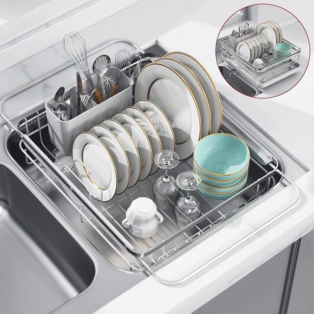 Sakugi Sink Drying Rack Expandable - Stainless Steel Dish Drying Rack with Drainboard Used on Kitchen Counter, Over Sink and in Sink, Silver