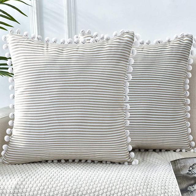 LHKIS Throw Pillow Covers 18x18 Set of 2, Decorative Velvet Farmhouse Pillow Cases Cushion Cover with Pom Poms for Couch Sofa Bedroom, Cream-Coloured Streak