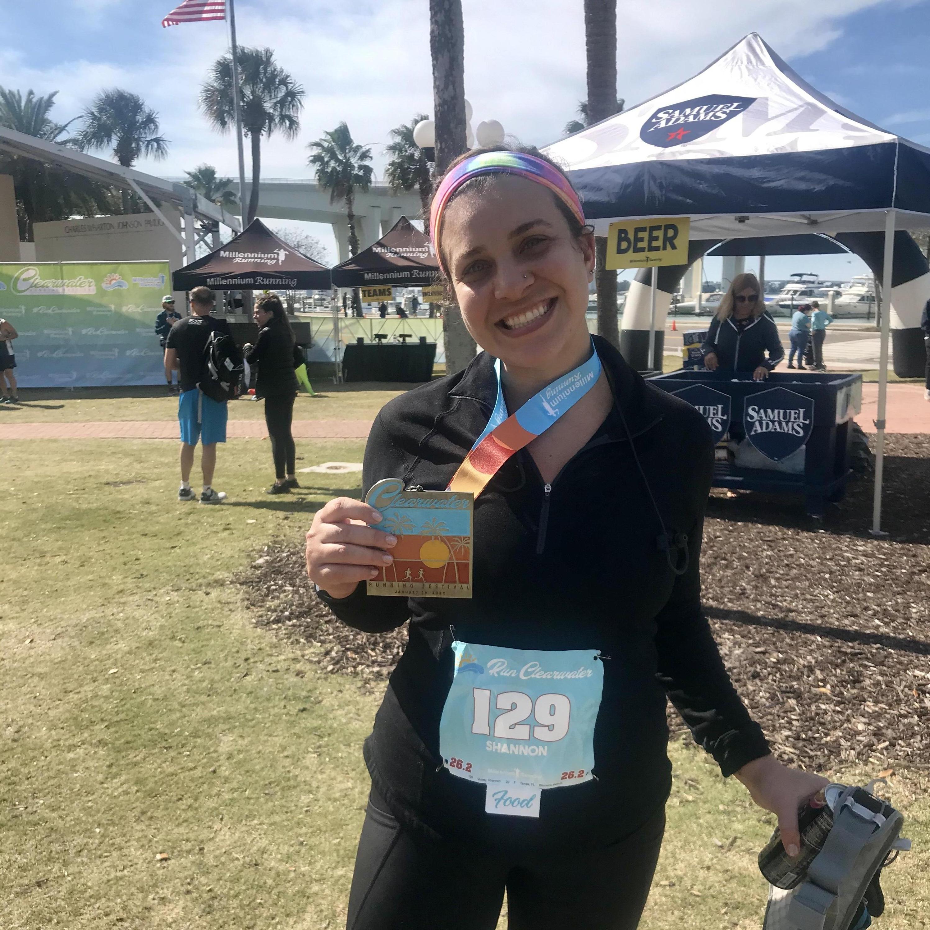 Shannon after finishing her marathon
