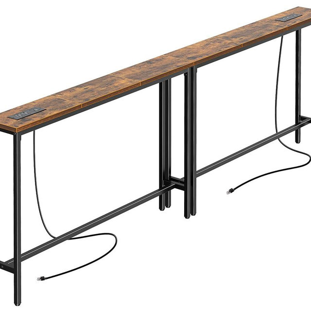 SUPERJARE 5.9 Inch Narrow Console Table with Outlet, Sofa Table Set of 2, Total Length 78.8'', Behind Couch Table, Long Entryway Tables with Charging Station, for Living Room, Hallway, Rusitc Brown