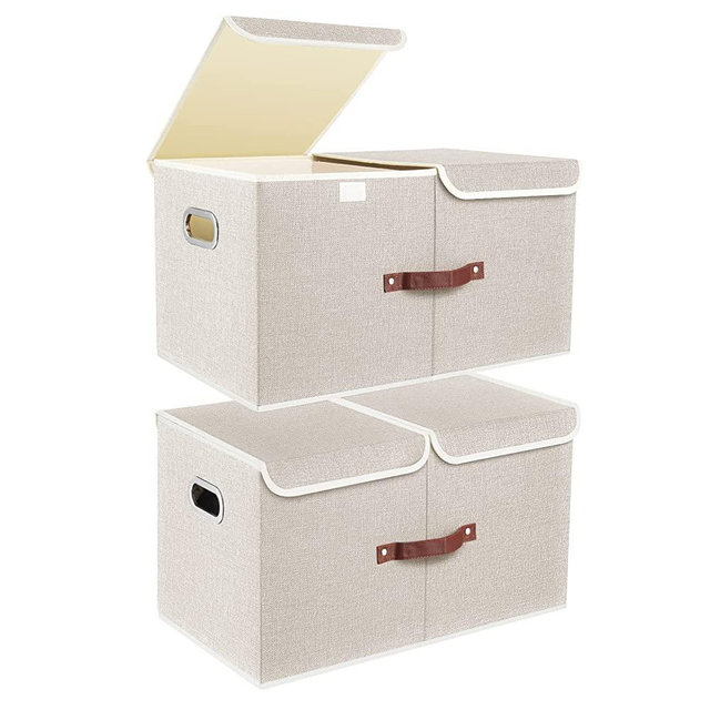 TYEERS Extra Large Collapsible Storage Bins with Lids and Compartments, Organizing Bins for Closet Storage, Clothes Storage, Cube Organizer for Home Office Storage - 2 Pack - Beige