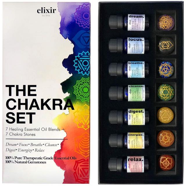 Elixir By Bita 7 Chakras Essential Oils Set of 7 Essential Oil Blends and 7 Gemstone Crystals and Healing Stones. for Sleep, Meditation, Relaxation & Diffusers. Aromatherapy Oils Lavender Rosemary