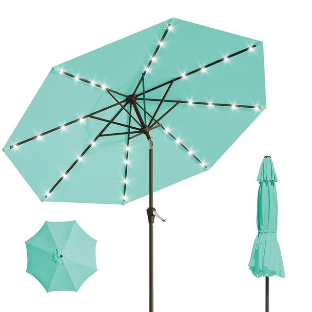 AreShark 9FT Solar Umbrella 32 LED Lighted Patio Umbrella Table Market Umbrella w/Tilt and Crank Outdoor Umbrellas for Garden, Deck, Backyard, Pool and Beach, Cerulean