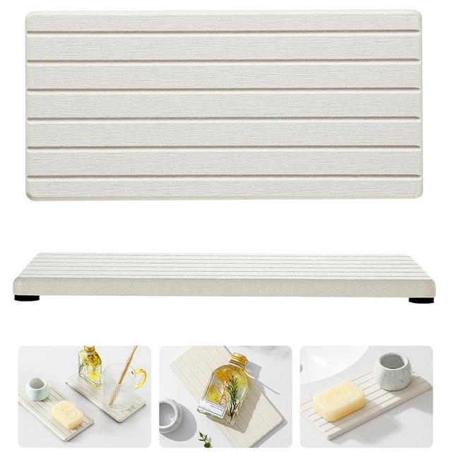 Razborci 2 Pack Bathroom Sink Vanity Trays, Diatomite Stone Kitchen Counter Caddy Dish Soap Dispenser Sponge Holder, Water Absorbing Mat Organizer for Plant,Cosmetic Bottle, Beige,8"x3.8"