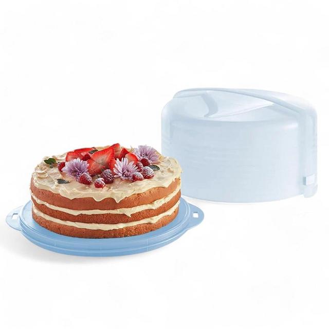 Tupperware Round Cake Taker Carrier Ice Blue Sheer with Ice Blue Base