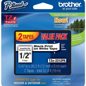 BRTTZE2312PK - Brother TZE2312PK 1/2-inch Standard Laminated P-Touch Tape, Black on White, 26.2 Feet (2-Pack)