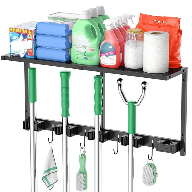 CCCEI Broom and Mop Wall Mount with Shelf, Laundry Room Cleaning Tools Organization Hanging Rack with Hooks, Bathroom, Garage, Garden Organizers and Storage. All Metal, Black, 1 Pack.