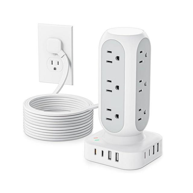 Flat Plug Power Strip Tower, 40W Total Fast Charging Station, Dual PD 20W USB-C Surge Protector with 12 AC Outlets and 8 USB Ports (4 USB C), 10FT Extension Cord for Home Office Dorm Room