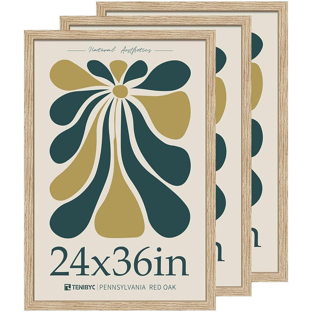 TENIBYC 24x36 Oak Wood Frame for Poster - 3 Pack, Natural Solid Wood Picture Frame, Wall Gallery Frame