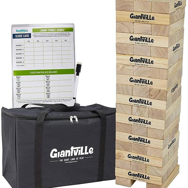 Giant Tumbling Timber Toy - Jumbo Wooden Blocks Floor Game for Kids and Adults, 56 Pieces, Premium Pine Wood, Carry Bag, Life Size - Grows to Over 5-feet While Playing