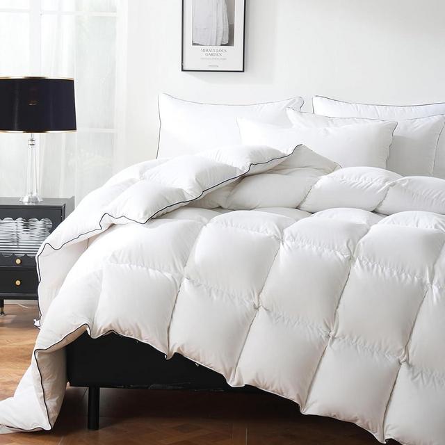 DOWNCOOL Feather Down Comforter Queen Size, All Season Down Duvet Insert Queen with 100% Cotton Cover, Fluffy Luxurious Hotel Bedding Comforters with 8 Corner Tabs, White Duvet Insert 90"x90"