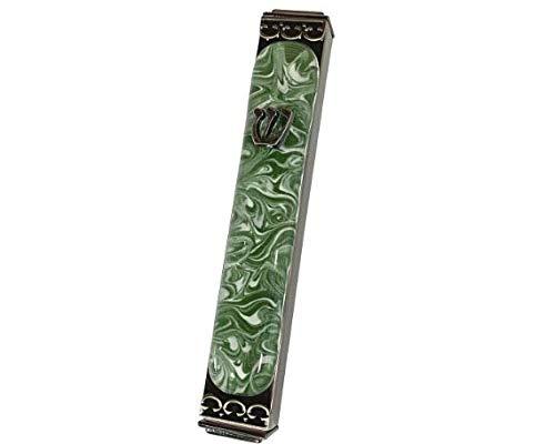 Art Glass Mezuzah, Easy Mount Indoor or Outdoor Weatherproof Metal Case Gift Box and Non-Kosher Scroll Included Hand Made in USA Guaranteed for Life! (Marbled Green White)