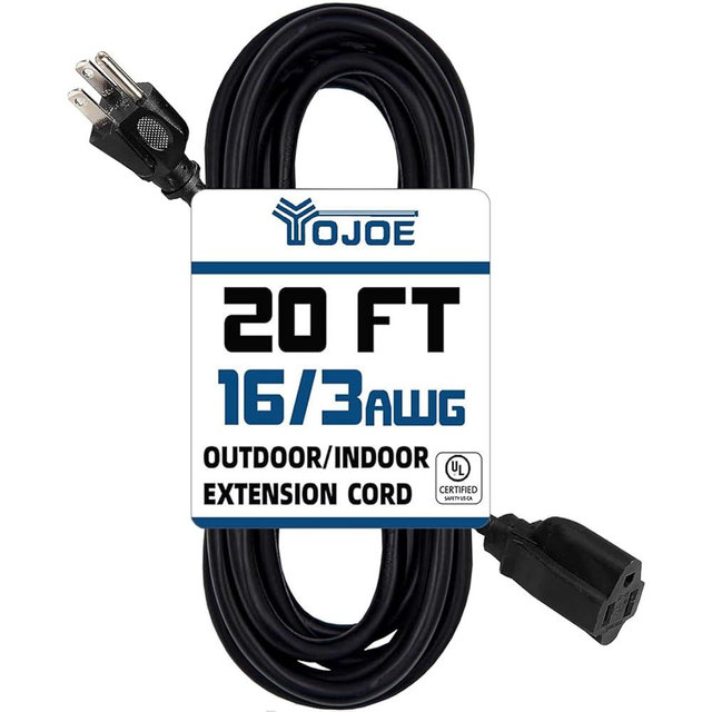 YOJOE Indoor Outdoor Extension Cord, 3 Prong 13A Weatherproof Power Cord, 16 Gauge Heavy Duty 20 ft Black Extension Cord for Garage, Garden and Home, 16/3 SJTW UL Listed