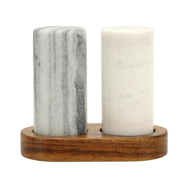 Spiretro Elegant Marble Salt and Pepper Shaker Set with Acacia Wood Holder - Real Grey and White Marble Cylindrical Shakers for Kitchen Shelf, Table or Spice Rack - 1.75” x 3.75” Each