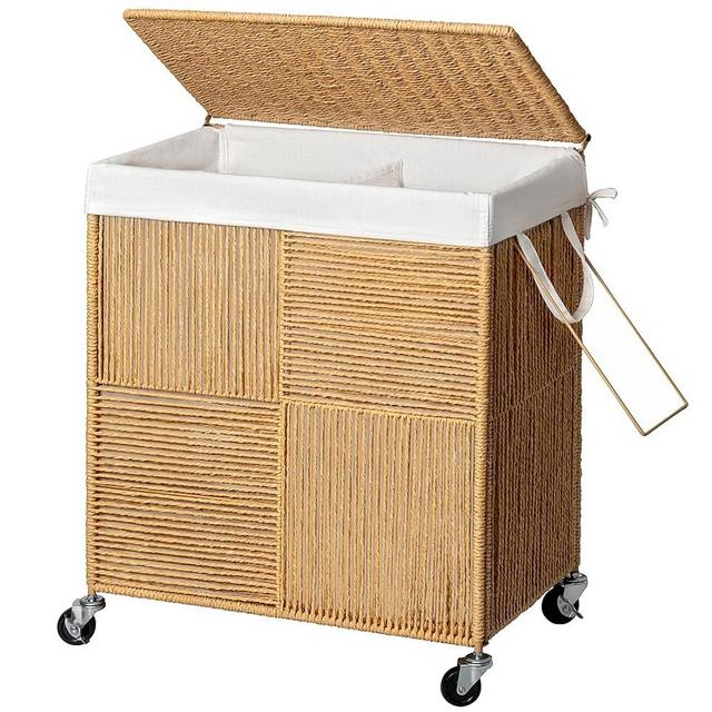 WOWLIVE Double Laundry Hamper with Lid, Handwoven Rolling Laundry Basket with Wheels, 115L Dirty Clothes Hamper with Removable Liner Bag Large Capacity Laundry Sorter Laundry Room Organization,Natural