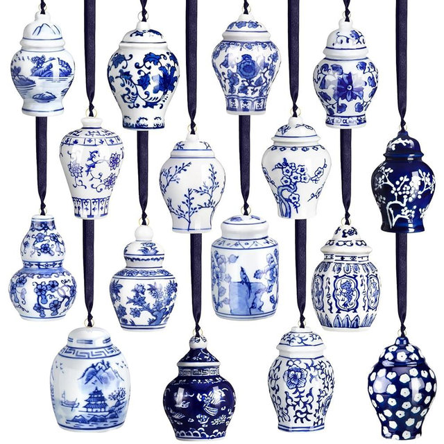 Christmas Mini Ginger Jar Ornaments Chinoiserie Porcelain Hanging Ornaments Blue and White Christmas Ornaments Vintage Chinoiserie Christmas Hanging Pendant for Tree Decor (Exquisite Style,16 Pieces)