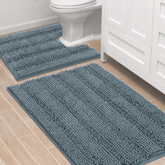 Bathroom Rugs Bath Rug Set 2 Piece Bathroom Contour Rug Toilet Mat Sets Non Slip Contour Bath Rug Set Ultra Thick Water Absorbent Striped Bath Mats Washable(36" x 24" Plus 20" x 24" U, Stone Blue)