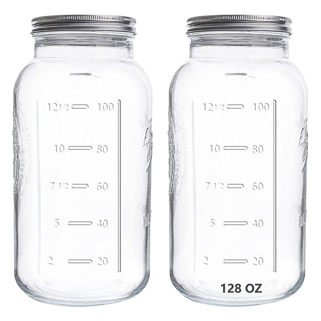 eleganttime 128 oz Mason Jars Wide Mouth 2 Pack, 1 Gallon Glass Large Jars with Airtight Lid, Safe for Food Storage,Curing, Fermentation and Preservation
